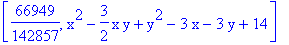 [66949/142857, x^2-3/2*x*y+y^2-3*x-3*y+14]